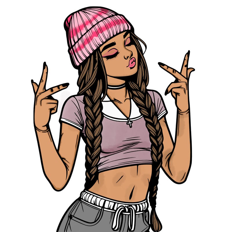 realistic teenage girl with braids and a beanie and crop top doing 🫶🏼