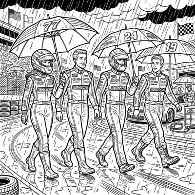 Experience the thrill of a race day, even in the rain, with this dynamic coloring page featuring determined NASCAR drivers. Grab your favorite colors and bring this exciting scene of racers navigating a wet track to life!
