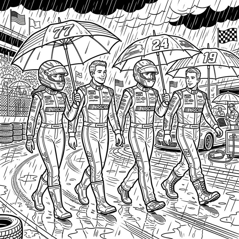 Experience the thrill of a race day, even in the rain, with this dynamic coloring page featuring determined NASCAR drivers. Grab your favorite colors and bring this exciting scene of racers navigating a wet track to life!