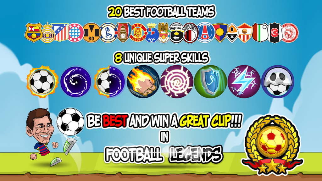 Y8 Football League game screenshot showing 20 football teams and 8 unique super power skills