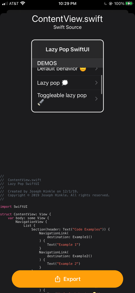App Maker Professional - Éditeur de code mobile affichant le code source SwiftUI dans l'application App Maker Professional