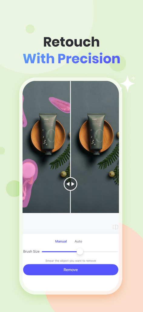 PicWish: AI Photo Editor - PicWish app interface showing the precision retouch tool to remove unwanted objects from a product photo.