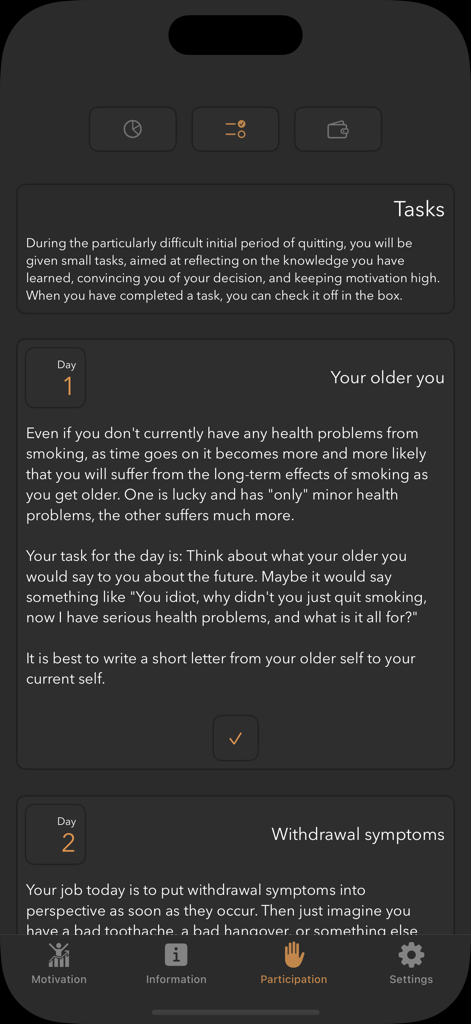 Daily reflection tasks and exercises on the Quit Smoking app interface.
