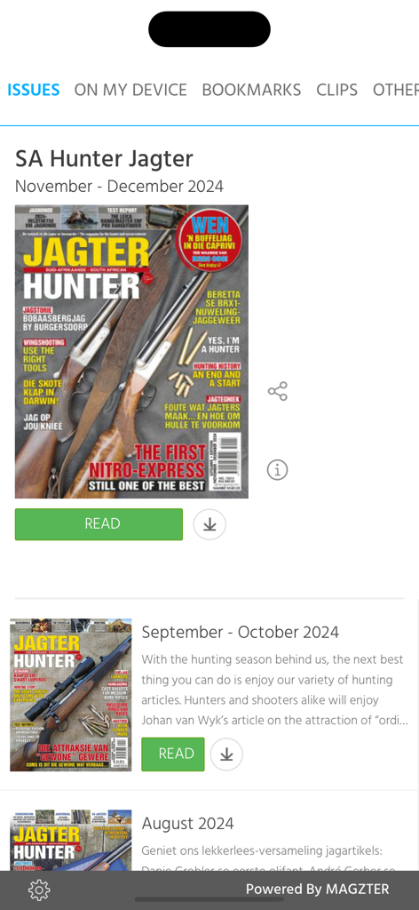 Interfaz de la aplicación SA Hunter Jagter mostrando una lista de números recientes de revistas de caza para leer