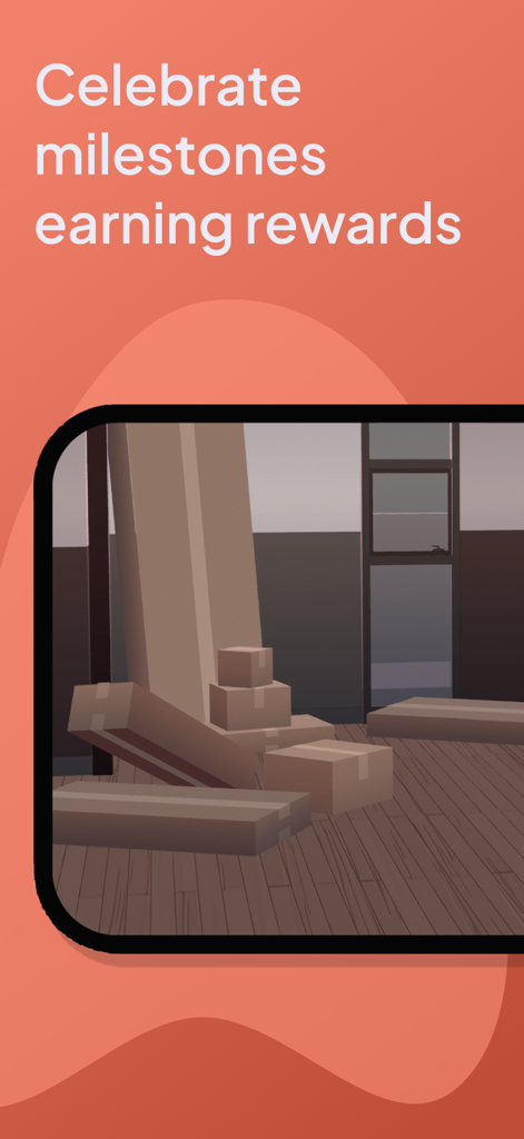 Zura - Learn, Play, Grow - A 3D scene of a room with cardboard boxes on a wooden floor under the text Celebrate milestones earning rewards