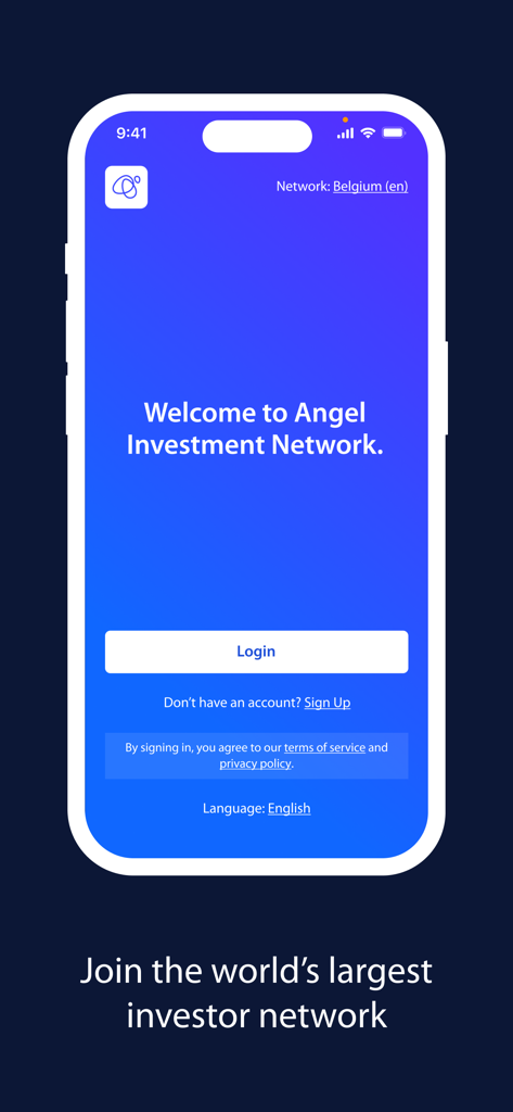 Angel Investment Network - Welcome screen of the Angel Investment Network app on an iPhone