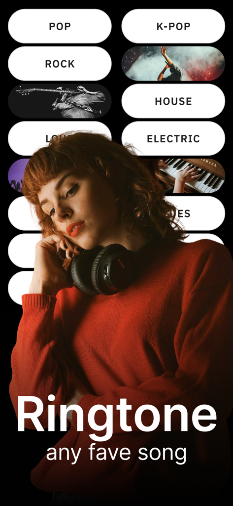 VibeCall - Ringtone Maker - Una mujer con auriculares con botones de géneros musicales como Pop y Rock para la creación de tonos de llamada personalizados