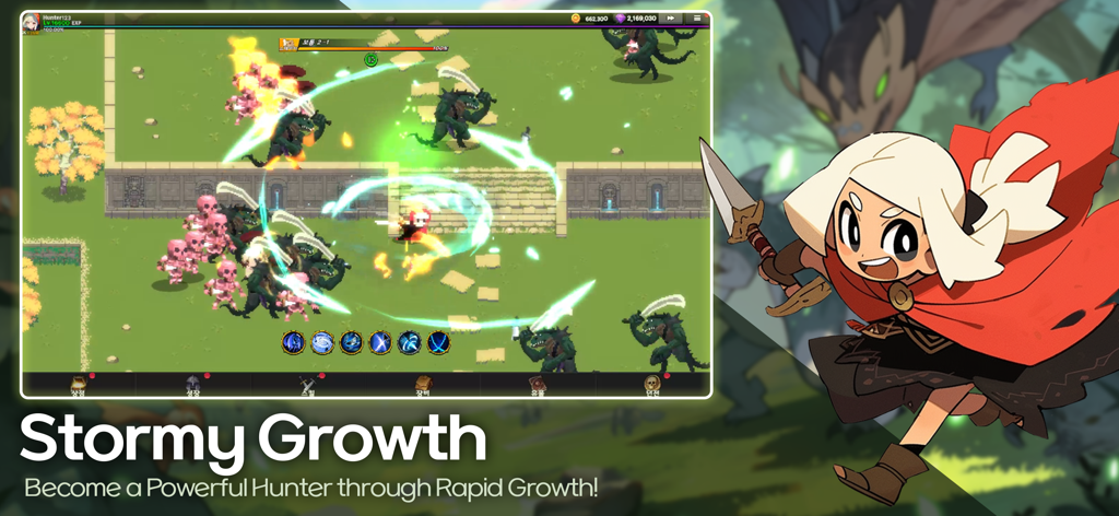 Pixel Hunter Idle: Retro RPG - A retro pixel art gameplay scene from Pixel Hunter Idle showing a character in a red cloak fighting monsters with the text Stormy Growth