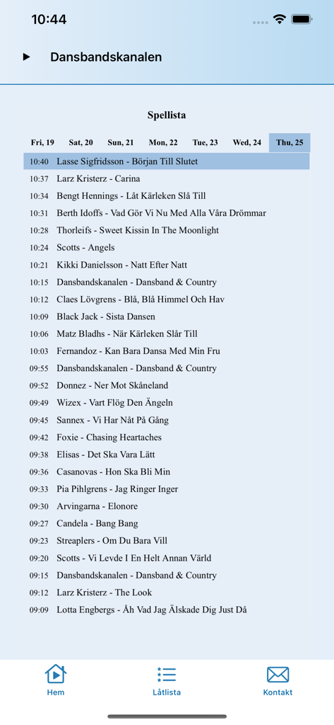 Dansbandskanalen - The playlist and song history screen of the Dansbandskanalen mobile app showing a list of played Swedish dansband and country tracks.