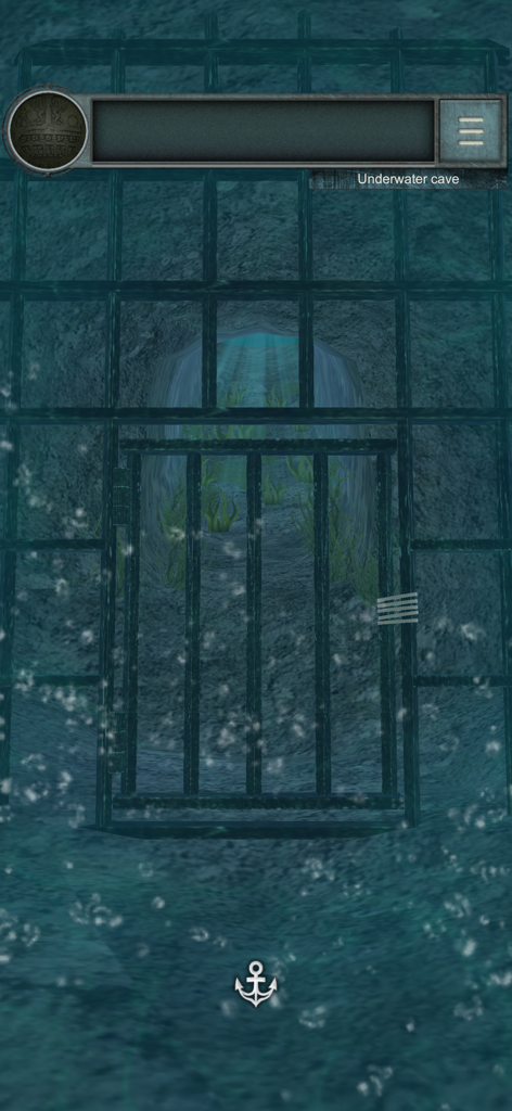 Una misteriosa escena de cueva submarina con una puerta de metal y burbujas en la aplicación móvil Escape Game Castaway