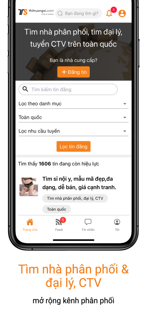 Thitruongsi - B2B Marketplace - Thitruongsi B2B Marketplace app interface for finding wholesale distributors and agents.