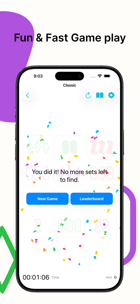 Set Game – Classic Card Puzzle - Victory screen of the Set Game mobile app showing a completed puzzle message with buttons for a new game and leaderboard.