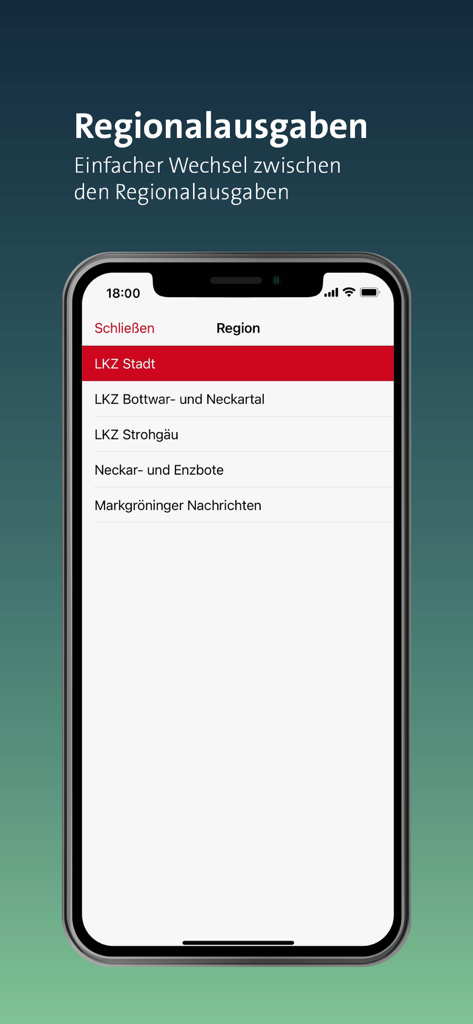 Mobile Bildschirmansicht der Auswahl verschiedener Regionalausgaben in der LKZ e-paper App