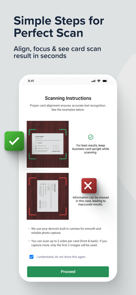 Pantalla de instrucciones de escaneo que muestra la alineación correcta e incorrecta de la tarjeta de presentación para una extracción de texto IA precisa.