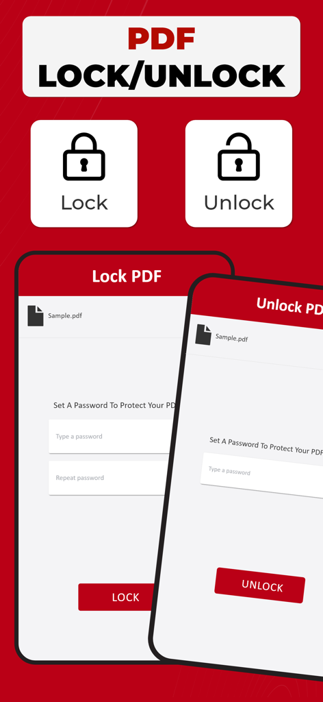 PDF Converter: Photo to PDF ! - Interface for locking and unlocking PDF files with password protection
