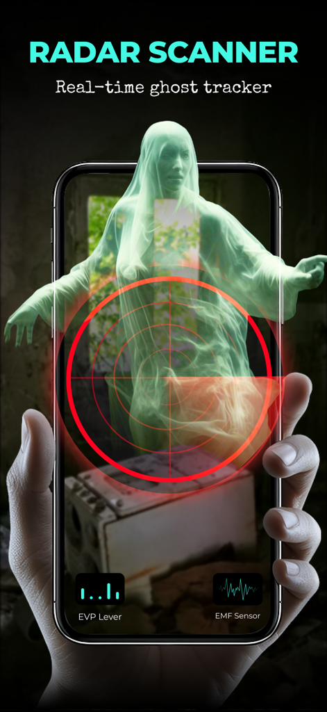 Una mano sosteniendo un smartphone mostrando una aplicación de escáner de radar de fantasmas con una figura espectral verde en la pantalla