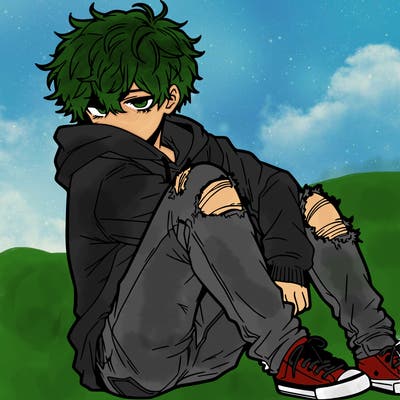 a male hoddie ripped jeans messy hair anime