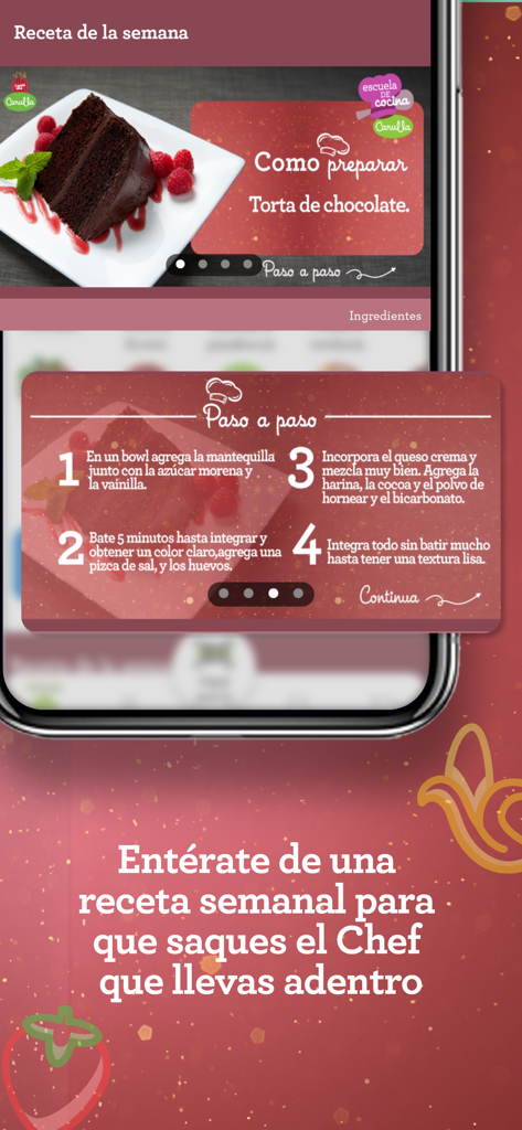 Carulla - Carulla mobile app screen featuring a step-by-step recipe for a chocolate cake to encourage gourmet home cooking