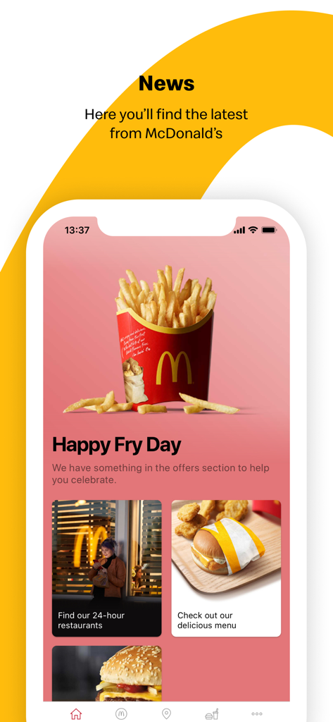 McDonalds mobile app News screen showing a Happy Fry Day offer and a restaurant locator link