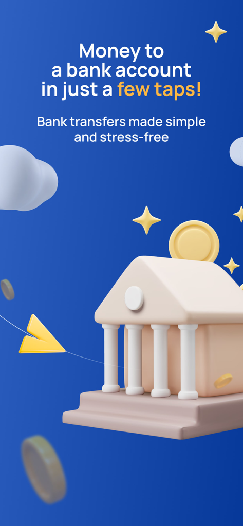 Fin.do: Instant Money Anywhere - Promotion for Fin.do app showing 3D bank illustration with text describing simple and stress free bank transfers in a few taps