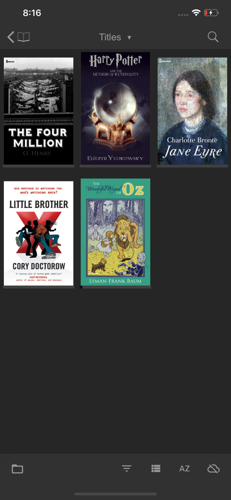 FBReader digital library interface displaying book covers in a grid on a dark theme.