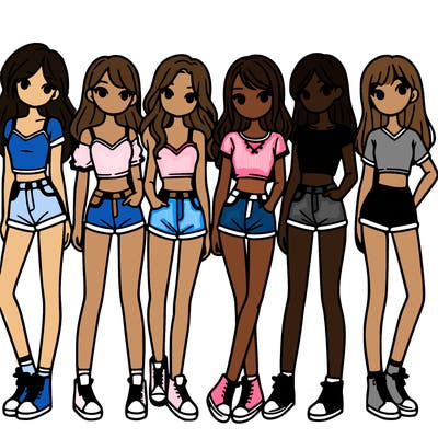 a group of girls wearing crop tops and shorts