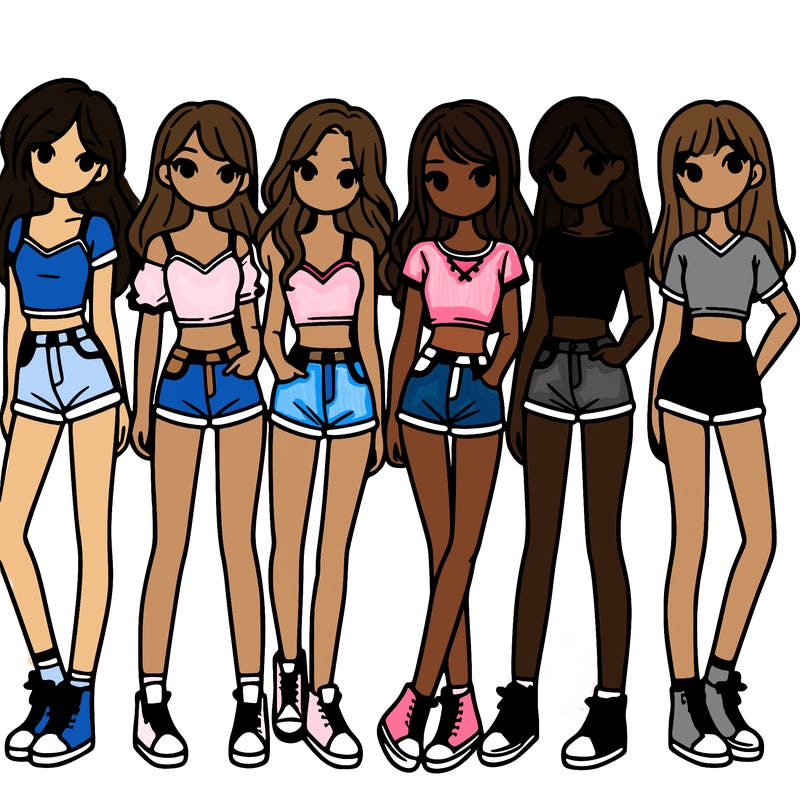 a group of girls wearing crop tops and shorts