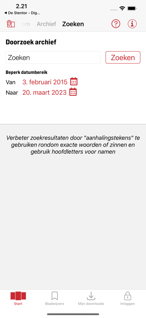 BN DeStem - Digitale krant - Archive search screen of the BN DeStem app with date range selection and search bar.