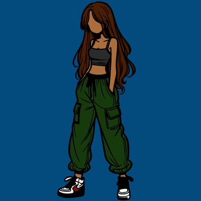 girl in baggy pants crop top and long hair