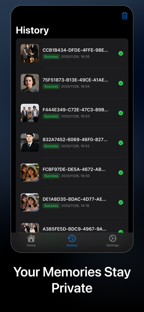 Colorize - Restore Old Photos - Colorize App-Verlaufsoberfläche, die restaurierte Fotoprotokolle mit einer Meldung zur Gewährleistung der Privatsphäre anzeigt