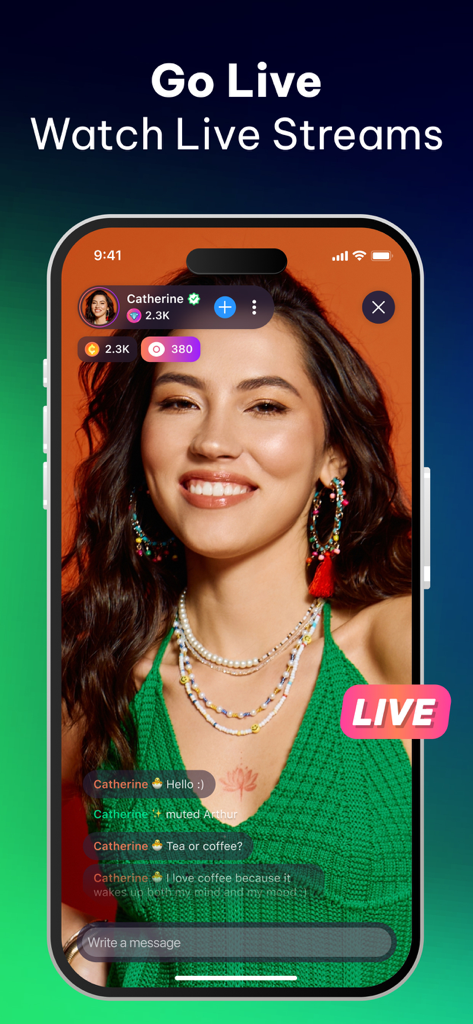 A woman hosting a live video broadcast on the Nozy app with real-time chat interactions
