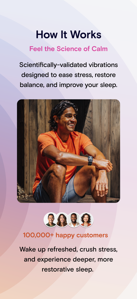 Apollo Neuro - Un uomo che indossa il dispositivo indossabile Apollo Neuro al polso, evidenziando il sollievo dallo stress scientificamente provato e un sonno migliore