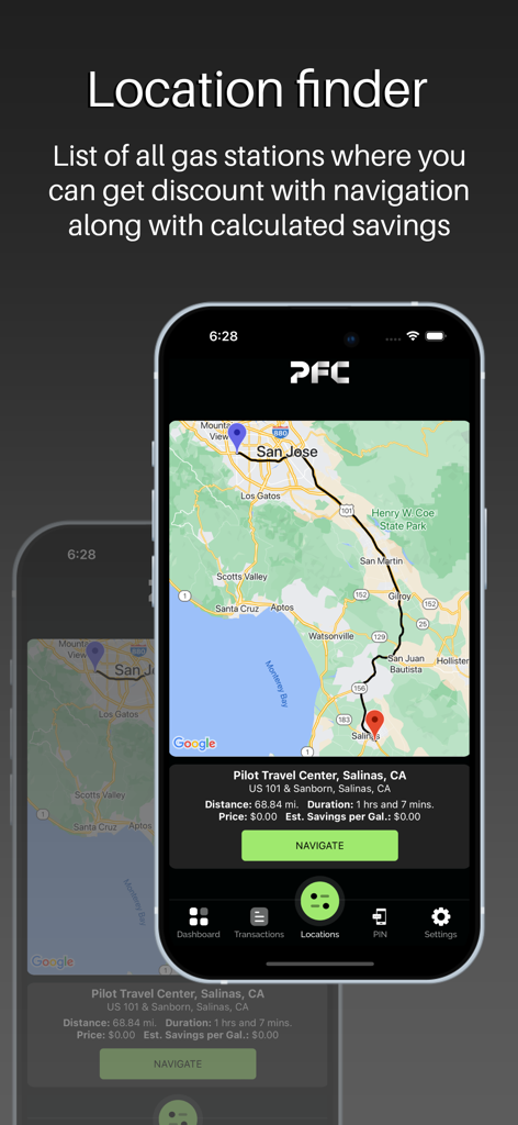 Pro Fuel Card - Pro Fuel Card app showing a map with gas station fuel discounts and navigation.