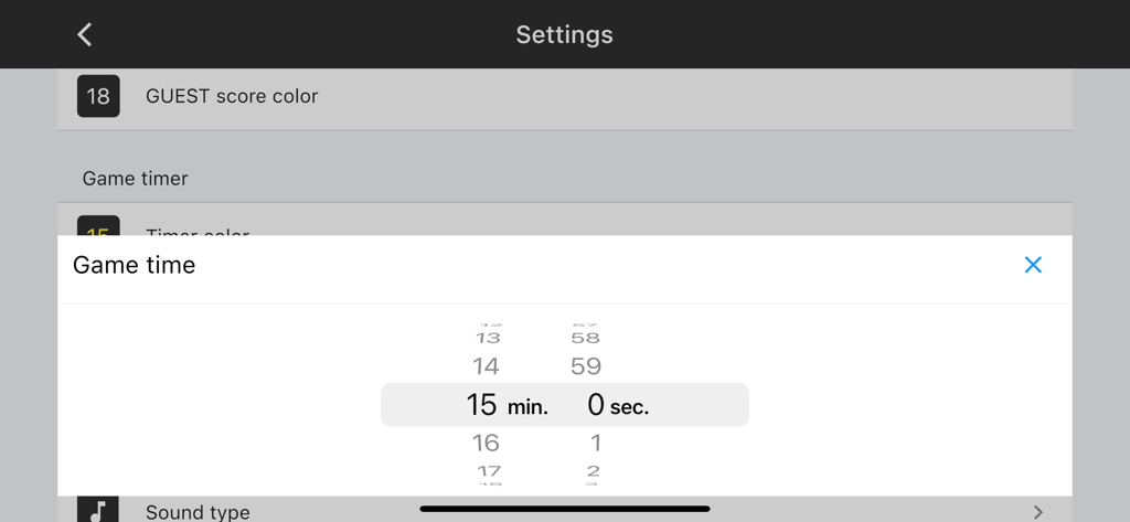 American Football Scoreboard - Popup-Fenster für Spieleinstellungen mit ausgewählter Dauer von 15 Minuten in der American Football Anzeigetafel App