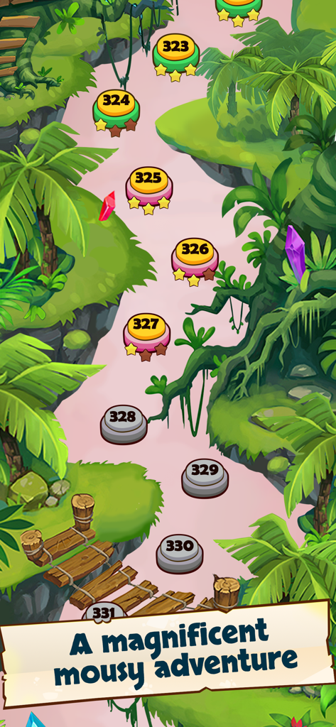 Word Search Tour: Link Letters - A colorful level progression map in a tropical jungle setting showing levels 323 to 331 for the Word Search Tour game.