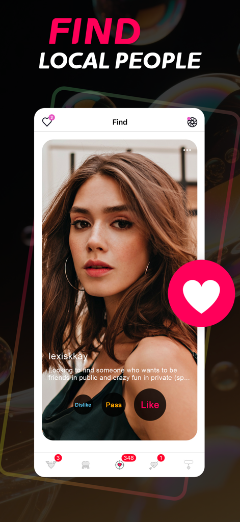 3Somer: Couple, Singles Dating - User interface of 3Somer dating app showing a discovery profile to find local people