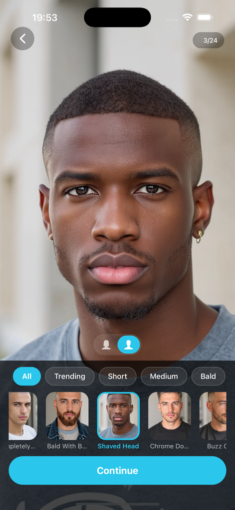 Mobile app interface of Hair AI showing a male user previewing a shaved head hairstyle