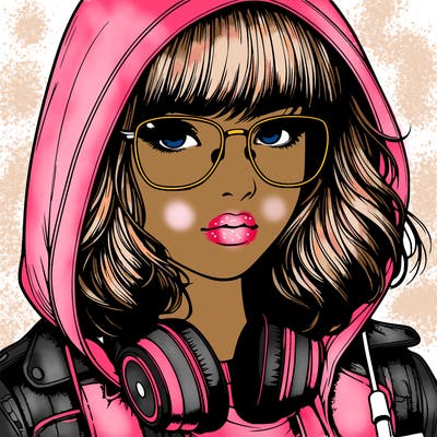 realistic teenagegirl with bangs in her hair headphones and wearing glasses and a jacket with a hoodie