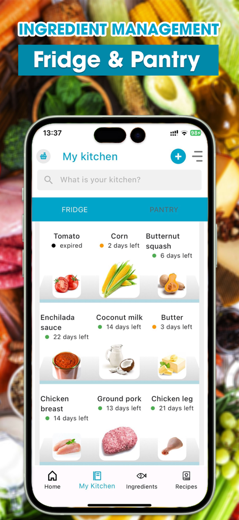 App interface showing fridge inventory tracking with ingredient expiration dates.