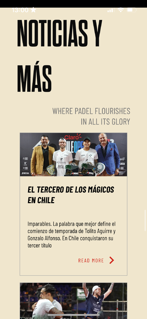 A1Padelglobal - The news and updates screen of the A1 Padel app featuring professional tournament highlights