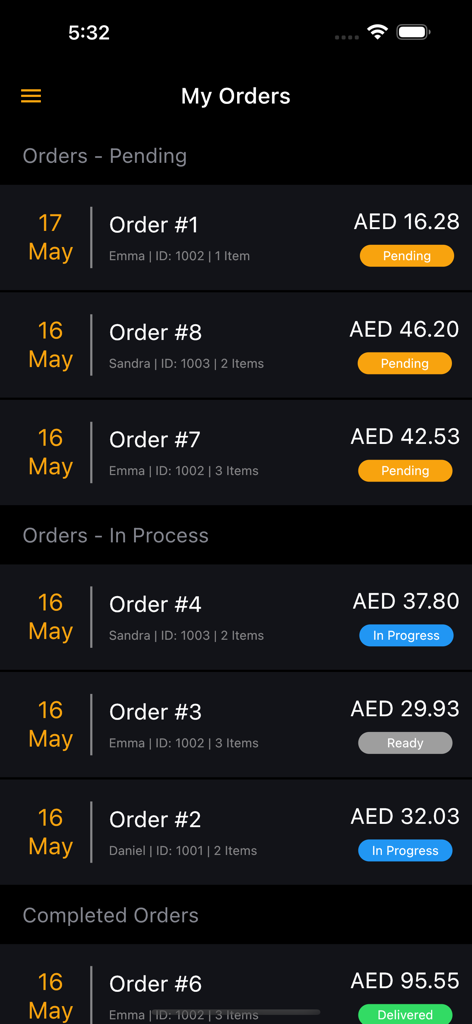 Dashboard screen of the ChildGuard app displaying a list of pending in process and completed school canteen orders for children