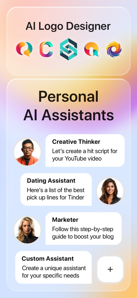 ChatBox AI app screen displaying AI Logo Designer options and diverse Personal AI Assistants including Creative Thinker, Dating Assistant, and Marketer.