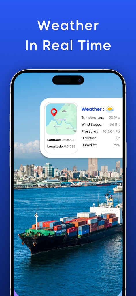 Real-time maritime weather data and vessel coordinates displayed over a cargo ship in a harbor