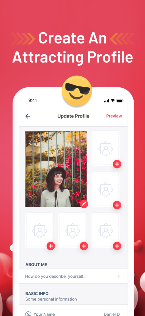 iMatch - Match, Chat, Date - Interface for creating an attracting profile on the iMatch dating app including photo uploads and bio section