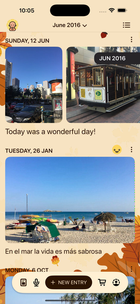 Gratitude by GratefulDay - Gratitude journal interface showing photo entries of city life and a beach with personal notes in English and Spanish.