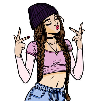 realistic teenage girl with braids and a beanie and crop top doing 🫶🏼
