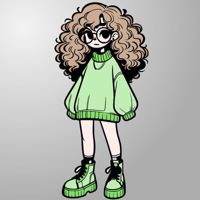 a realistic girl with curly hair in a oversized sweater with glasses and platform sneakers