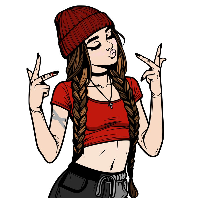 realistic teenage girl with braids and a beanie and crop top doing 🫶🏼