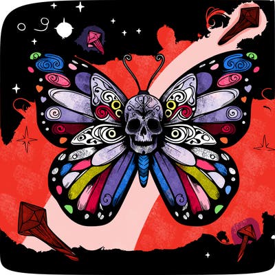realistic butterfly. magical background. skull pattern on wings.