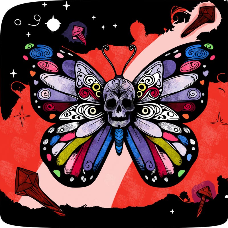 realistic butterfly. magical background. skull pattern on wings.